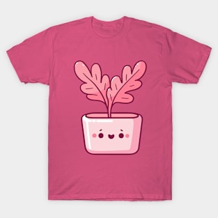 Cute Pink Leaf Plant in a Pot | Kawaii Plant illustration | Cute Kawaii Potted Plant T-Shirt